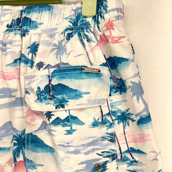 Vintage Summer Lined Swim Trunks Tropical Pattern Mens Size L - Picture 4 of 11